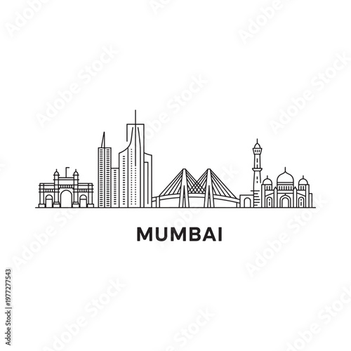 Minimalist line art depicts the mumbai skyline with iconic landmarks