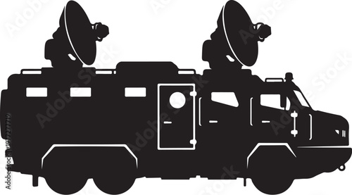 Black, military, communication, truck vector, satellite, antenna, vehicle, silhouette