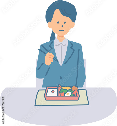 お弁当を食べる女性の会社員のイラスト
