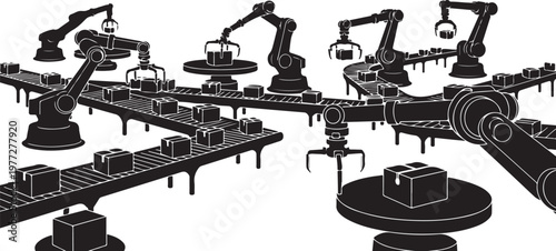 Industrial robotic arms, factory automation, manufacturing line, robotic assembly