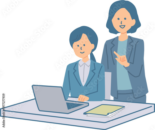 上司に仕事を教わる女性の新入社員のイラスト