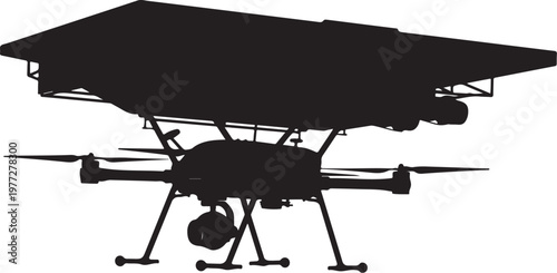 Black drone silhouette, unmanned aerial vehicle, UAV icon, vector graphic