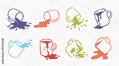 Photos Hand-drawn vector illustration set featuring various spilled and broken coffee m