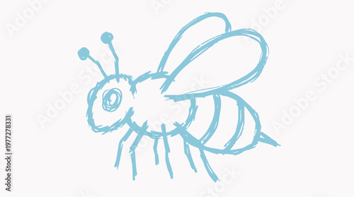 Cute hand-drawn vector illustration of a flying bee in a charming doodle style, featuring light blue sketchy lines, ideal for various graphic designs