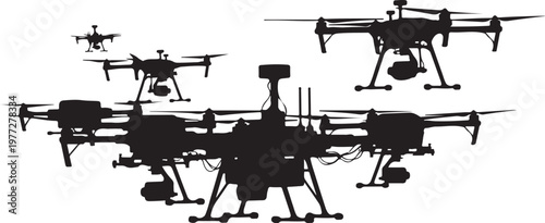 Drone, drones, black silhouette, aircraft, unmanned aerial vehicles, vector icons