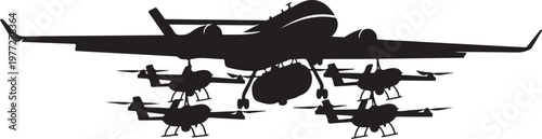 Military drone, unmanned aerial vehicle, UAV, quadcopter, aircraft silhouette, black vector icon set