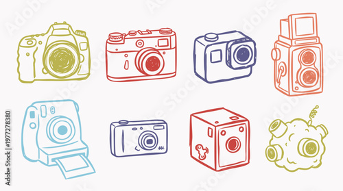 A collection of hand-drawn vector camera illustrations in a doodle sketch style, depicting various vintage and modern photographic devices