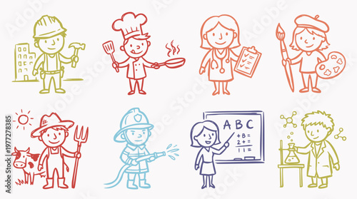 Set of diverse professional characters in a cute hand-drawn outline vector style, illustrating various important jobs and careers for educational use