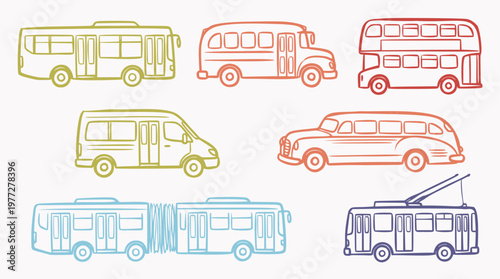 Colorful hand-drawn outline vector illustrations of various public transport vehicles, featuring city, school, double-decker, articulated buses, vans, and trolleybuses