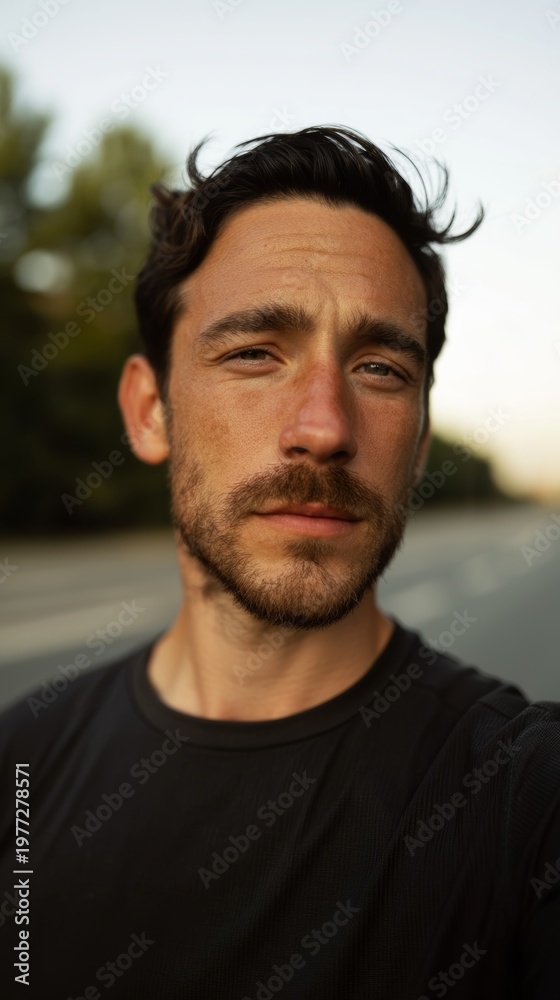 Fototapeta premium Young Man with Beard, Casually Dressed, Outdoors at Sunset