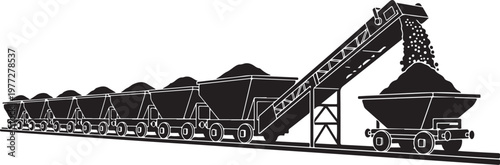 Industrial mining train, coal transportation, black vector illustration, mining equipment, industrial train