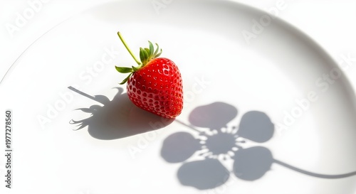 Single strawberry on white plate with flower shadow