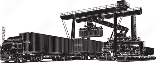 Industrial train, cargo railcar, freight transportation, black and white vector illustration