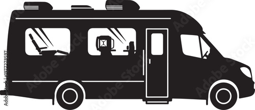 Black camper van, motorhome silhouette, RV icon, vehicle illustration