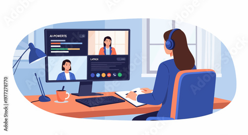 Woman Wearing Headset Video Conferencing Online.