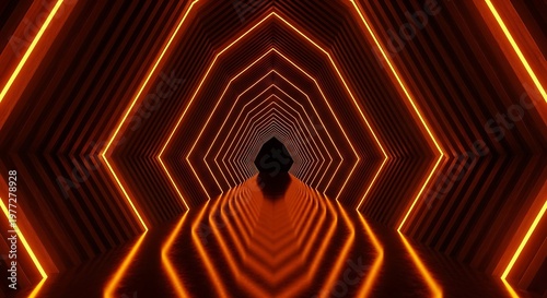  Futuristic orange hexagon neon tunnel with glowing frames