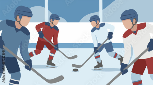 Four ice hockey players in action on a rink with a puck