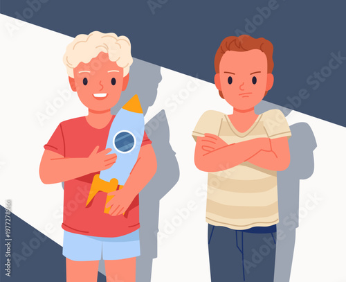 Two boys stand together, one smiling and holding a toy rocket while the other looks envious with crossed arms, highlighting childhood jealousy and emotions, vector illustration