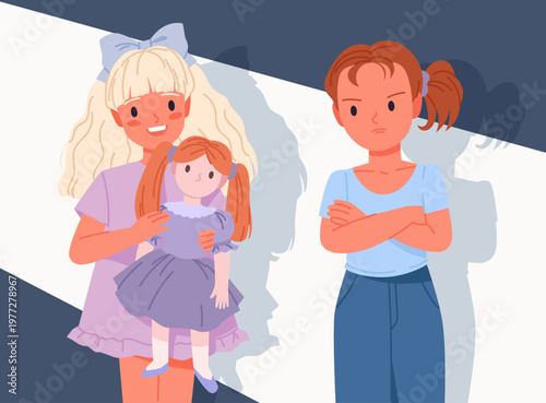 Two girls display contrasting emotions, one smiling with a doll while the other looks envious and upset, highlighting childhood jealousy and social feelings vector illustration