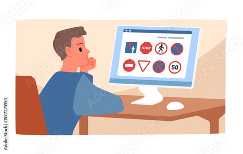 Person preparing for driving test by learning road signs on a computer, focusing on traffic rules and safety education, isolated on white background vector illustration