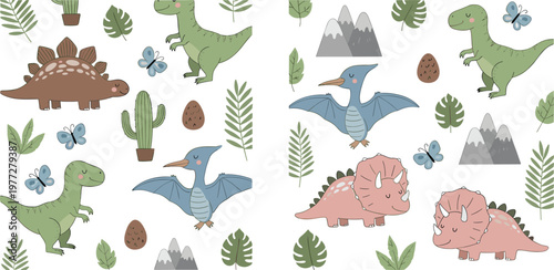 Cartoon Dinosaur Collection Featuring Various Species, Poses, and Nature Elements for Fun Prehistoric and Animal-Themed Designs