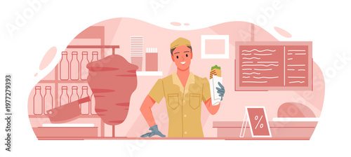 Smiling fast food seller presenting shawarma at isolated counter in restaurant vector illustration