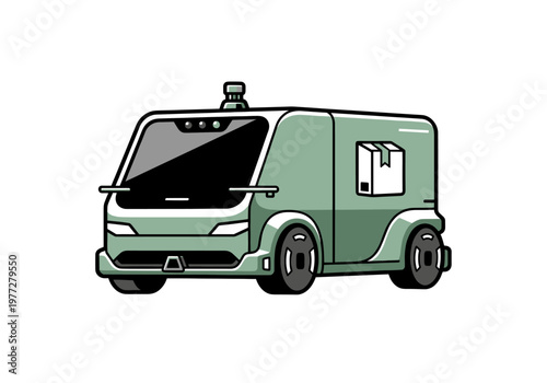Modern green delivery van with a package icon, representing logistics and autonomous shipping