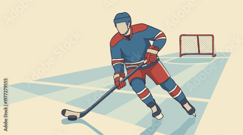 Ice hockey player in action with stick and puck on rink, minimalist illustration