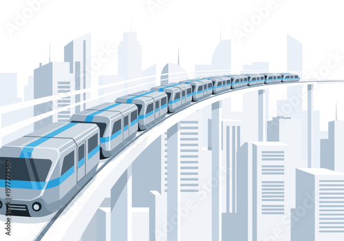 Modern elevated train travels on a curved track through a minimalist city skyline