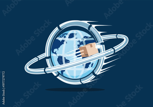 Package rapidly orbiting the globe for fast international parcel delivery.