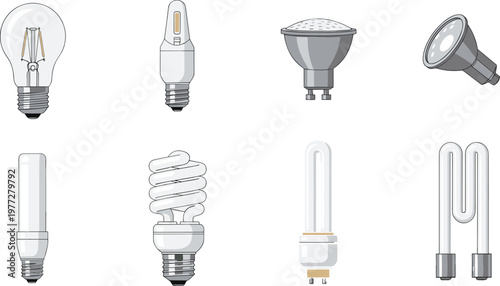 Light Bulb and Lamp Icon Set with Various Energy Efficient Lighting Types for Electricity Power Technology and Illumination Design Collection