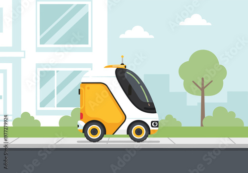 Self-driving autonomous delivery robot vehicle navigating a city street in a modern urban environment during daytime