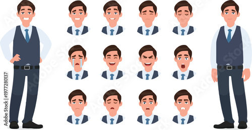 A cartoon man in a business suit displays various emotions and facial expressions.