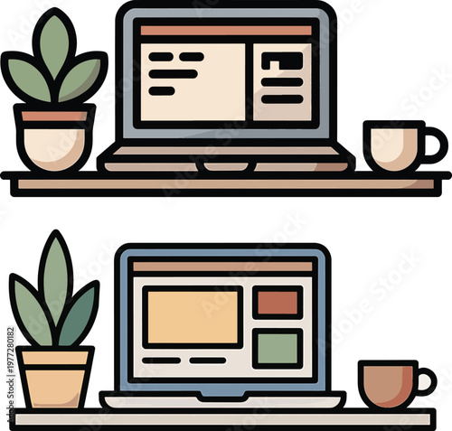 A minimalist illustration depicting a laptop plant and coffee cup