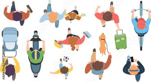 People top view. Man and woman walking with dog, kid and stroller aerial view. Riding bike and scooter from above. Male and female cartoon characters for city life overhead scene. Vector set
