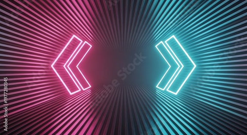  Futuristic neon chevron tunnel with pink and cyan lights