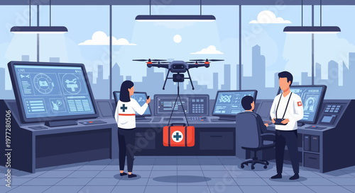Drone Control Room with Professionals Working.