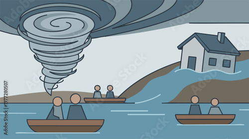 Tornado and flood natural disaster with people evacuating in boats