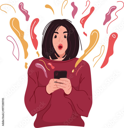 A cartoon woman looks shocked while holding her phone with colorful swirls around her head