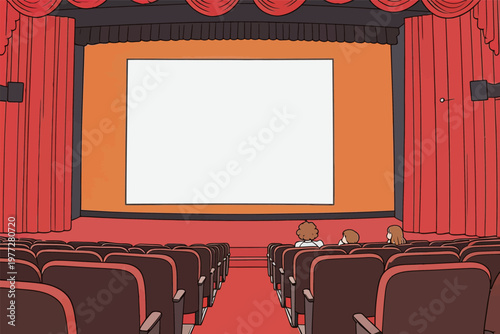 Empty Cinema Screen with Red Curtains and Audience