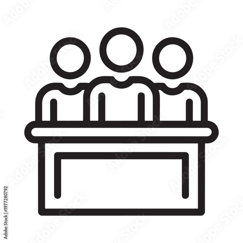 Simple black and white line drawing of a judge s bench with three figures