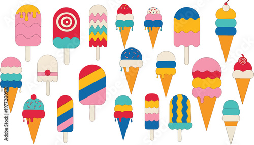Colorful Frozen Treats Ice Cream Popsicles and Cones Set Flat Vector Illustration