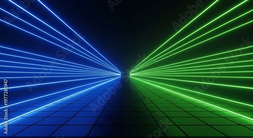 Blue and green laser light corridor with grid floor background