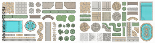 Top View Landscape Architecture Design Elements Set with Pools Fountains Paving Benches and Garden Site Plan Objects