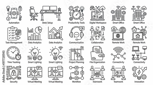 Modern Office Automation and Technology Icons for Business and Productivity