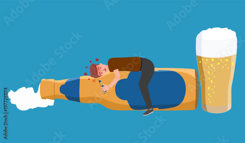 Drunk man sleeping with alcohol beer bottles in flat design.
