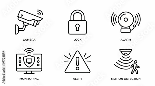 Security Icons Camera, Lock, Alarm, Monitoring, Alert, and Motion Detection