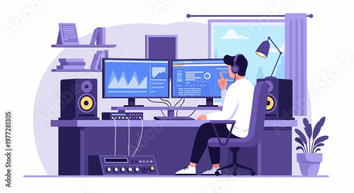 Man Working on Computer with Audio Equipment.