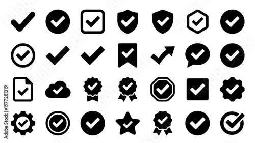 A versatile assortment of checkmark icons in various designs, symbolizing approval, completion, and successful task validation for user interface and graphic design projects