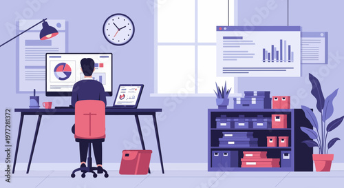 Man Working on Computer with Charts.